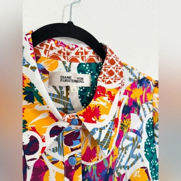 Diane Von Furstenberg Paddy Printed Cotton Blend Poplin Midi Shirt Dress Large - Picture 10 of 11